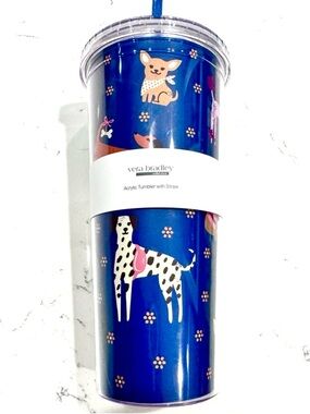Vera Bradley Blue Dog Bark Park 24 oz Acrylic Tumbler with Top and Straw NWT